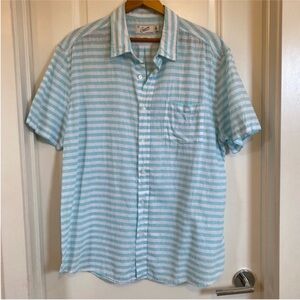 Grayers Linen/Cotton Blend teal white striped shirt preppy travel resort XL